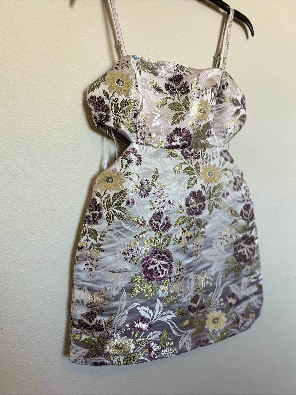 Lulu’s Luster For Life Brocade CutoutMini Dress in Silver and Purple Floral